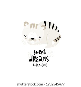 Child illustration with cute sleeping tiger and hand drawn text. Vector funny animal for baby graphic suit printing. Kid print with lettering - sweet dreams little one. Greeting card design.