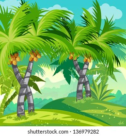 Child illustration jungle with coconut trees.