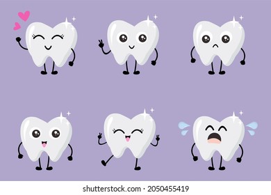 Child illustration of white teeth. Tooth character expression. Oral hygiene. Dentistry concept vector. Healthy tooth. Clean, set of adorable tooth. collection of lovely tooth