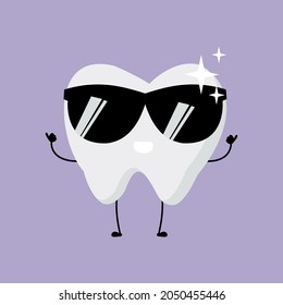 Child illustration of white teeth. Tooth character expression. Oral hygiene. Dentistry concept vector. Healthy tooth. Clean, smile, cool, thumb up, sunglasses