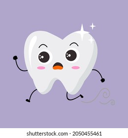 Child illustration of white teeth. Tooth character expression. Oral hygiene. Dentistry concept vector. Healthy tooth. Clean, run, panic