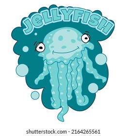 Child Image Cartoon Jellyfish Surrounded by Air Bubbles. Social Media Sticker Design, NFT Design, Digital Art. Clipart Isolated on White Background.