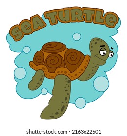 Child Image Cartoon Sea Turtle Surrounded by Air Bubbles. Social Media Sticker Design, NFT Design, Digital Art. Clipart Isolated on White Background.