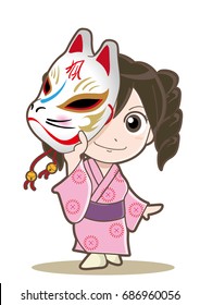 child image wearing with fox mask / Vector material of Japanese culture