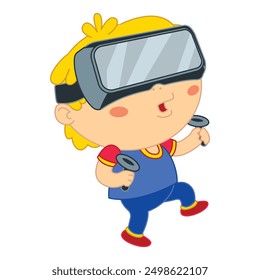 Child is immersed in a virtual reality experience, using a vr headset and controllers