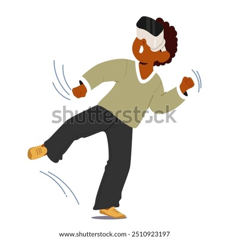 Child Immersed In A Virtual Reality Experience Wearing Vr Goggles. Boy Character Is Actively Engaging With The Virtual Environment, Showcasing Excitement And Fun. Cartoon People Vector Illustration