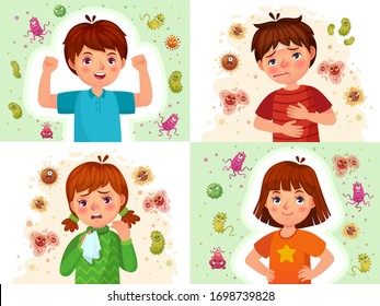 Child immune system. Healthy and sick kids, immune defence. Virus and bacterias protected boy and girl cartoon vector illustration set. Immune kid protection, immunity health human