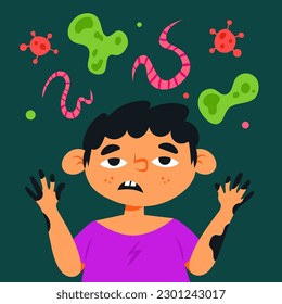 Sistema inmune infantil. Enfermo chico triste con las manos sucias. Virus, bacterias, gusanos alrededor. Ilustración vectorial de estilo de dibujos animados. Protección inmune de los niños, inmunidad, salud humana