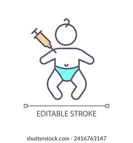 Child immunization RGB color icon. Vaccine injection. Medical procedure. Infant baby. Preventive healthcare. Pediatric care. Isolated vector illustration. Simple filled line drawing. Editable stroke