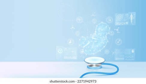 Kleinkinder schweben vom Stethoskop. Schwangerschaft und künstliche Befruchtung medizinische Innovation. Elektronische Innovation in der Medizintechnik. Ärzte diagnostizieren digitale Datensätze. Realistischer Vektorgrafik.