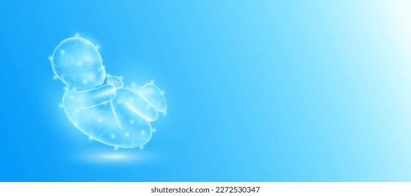 Child infant in form line triangles connecting on blue background. Futuristic glowing organ hologram translucent. Copy space for text. Pregnancy and artificial insemination medical innovation. Vector.