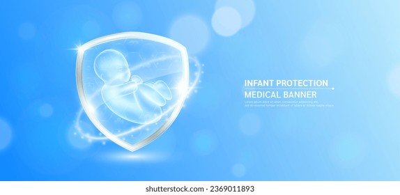 Child infant inside glass shield glowing with medical icon sign symbol on blue bokeh lights background. Human anatomy organ translucent. Medical health care innovation immunity protection. vector.