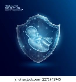 Säugling in polygonalen Innen-Schild futuristische Glühen. Embryo in fetaler Position. Schwangerschaft und künstliche Befruchtung medizinische Innovation. Konzept der Immunität Schutz medizinische Innovation. Vektorgrafik.