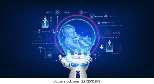 Child infant virtual hologram float away from robot hand. Pregnancy and artificial insemination medical innovation. Futuristic medical cybernetic robotics technology. Realistic Vector.