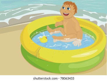 The child in inflatable pool on seacoast