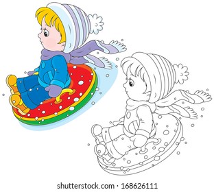 Child with an inflatable snow tube