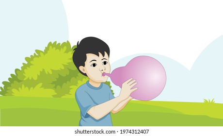 a child is inflating a balloon by blowing air into it - illustration