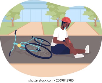 Child injured in bike accident 2D vector isolated illustration. Traumatized kid bicyclist flat character on cartoon background. Childhood falls. Bicycle-related injury experience colourful scene