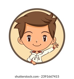Child inside circle, raising, hand, waving, round frame