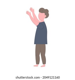 child is isolated on a white background with hands up. vector flat illustration. One boy.