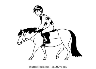 Child jockey riding a pony in a black and white line drawing