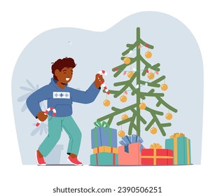 Child Joyfully Adorns The Christmas Tree With Colorful Ornaments, Sparkling Lights, And Candy Canes, Spreading Holiday Cheer With A Heart Full Of Delight And Wonder. Cartoon People Vector Illustration