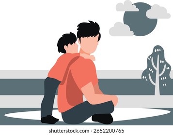 A child joyfully climbs onto their father's shoulders.