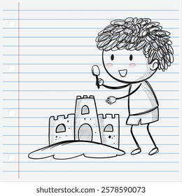 A child joyfully constructs a sandcastle with a spoon