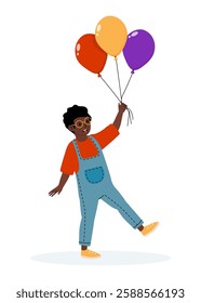Child joyfully holding colorful balloons while wearing stylish overalls