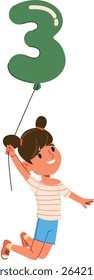 Child joyfully holds a large number three balloon in a playful cartoon style. A young girl with a striped shirt and shorts jumps with excitement holding a numeral balloon. Cartoon vector illustration.