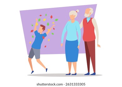 Child joyfully jumping in air while playing with colorful leaves alongside their grandparents in cheerful outdoor setting during autumn