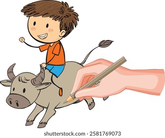 A child joyfully rides a cartoon bull