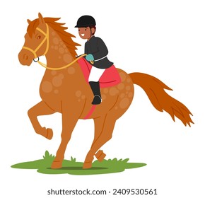 Child Joyfully Rides A Gentle Horse, Small Hands Gripping The Reins With Excitement. Rhythmic Trot Creates A Magical Bond Between Young Rider And Equine Companion. Cartoon People Vector Illustration