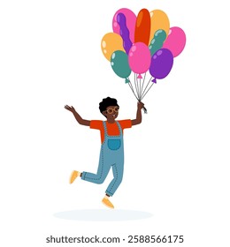 Child joyfully running with a bunch of colorful balloons in a cheerful setting