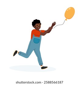 Child joyfully running and holding a balloon in a playful moment outdoors