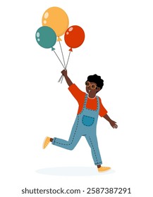 Child joyfully running outdoors while holding colorful balloons in hand