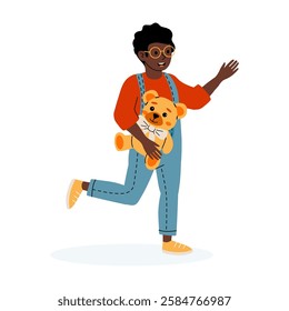 Child joyfully running with a teddy bear and waving in a playful setting