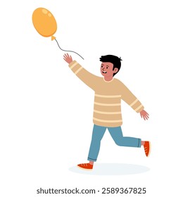 Child joyfully running with a yellow balloon in a playful setting outdoors