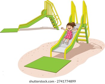 A child joyfully slides down a yellow-green playground slide.