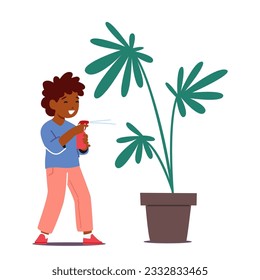 Child Joyfully Spraying Water On A Houseplant, Black Boy Character Nurturing Its Growth And Fostering A Connection With Nature Through Hands-on Care. Cartoon People Vector Illustration