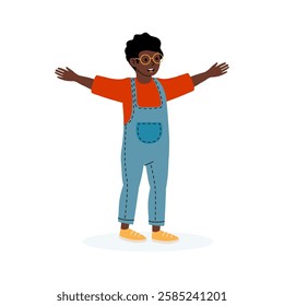 Child joyfully spreading arms in a playful pose indoors