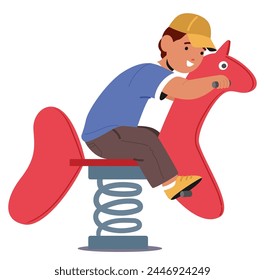 Child Joyfully Swings Back And Forth On A Spring-mounted Horse Swing, Giggling Amidst The Playground Laughter And The Creak Of Metal. Boy Character Having Fun. Cartoon People Vector Illustration