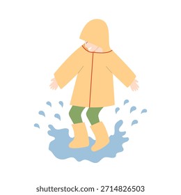 A criança está pulando alegremente em uma poça. Criança em capa de chuva e botas de borracha jogando na poça ilustração vetor plana