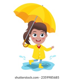 child jumping into a puddle. Cute little girl in a yellow raincoat holding an umbrella in hand. Vector illustration of a little kid. Autumn outdoor activity. People character. Child
