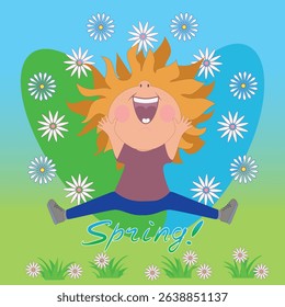 A child is jumping, rejoicing in the arrival of spring. A bright spring vector illustration with a joyful child jumping, rejoicing in spring.