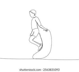 A child is jumping rope, physical education lesson, sports one line art. Continuous line drawing of online knowledge, learning, education, teaching, entertainment, student life