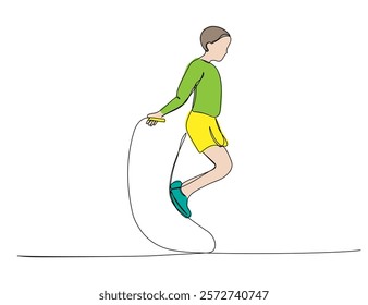 A child is jumping rope, physical education lesson, sports one line color art. Continuous line drawing of online knowledge, learning, education, teaching, entertainment, student life