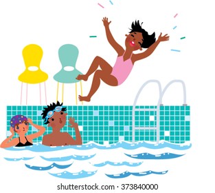 Child jumping in swimming pool. People in the swimming pool and child about to jump on them. Swimming pool rules. Danger in swimming pool. 