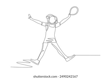 A child jumping while holding a balloon. Pre school concept one-line drawing