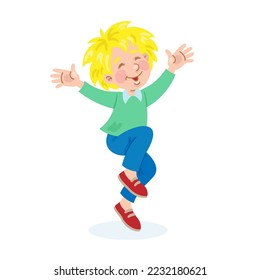 Нappy child jumps on one leg, raising his hands up. In cartoon style. Isolated on white background. Vector illustration